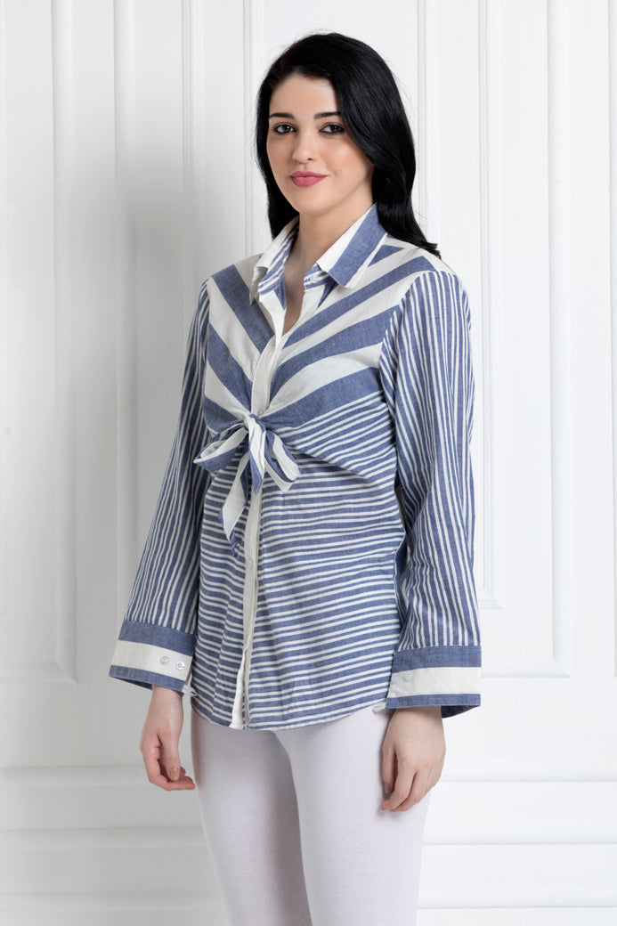 Striped Buttoned Down Shirt with a Waist Knot
