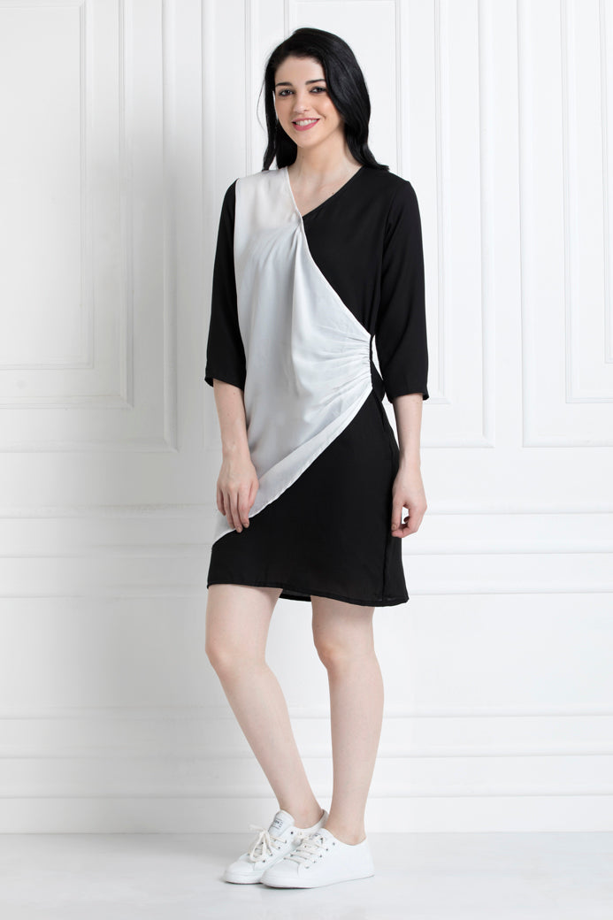 Full Sleeves, V neck Monochrome Dress