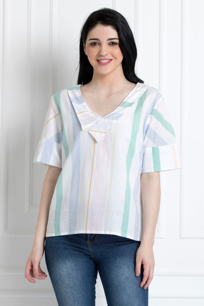 Multi Stripe V Neck Top