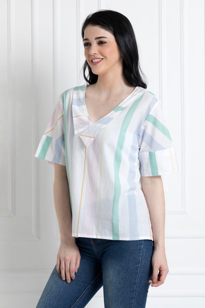 Multi Stripe V Neck Top