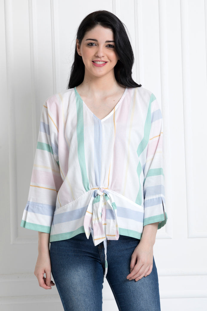 V-Neck Multi Stripe Front Knot Top