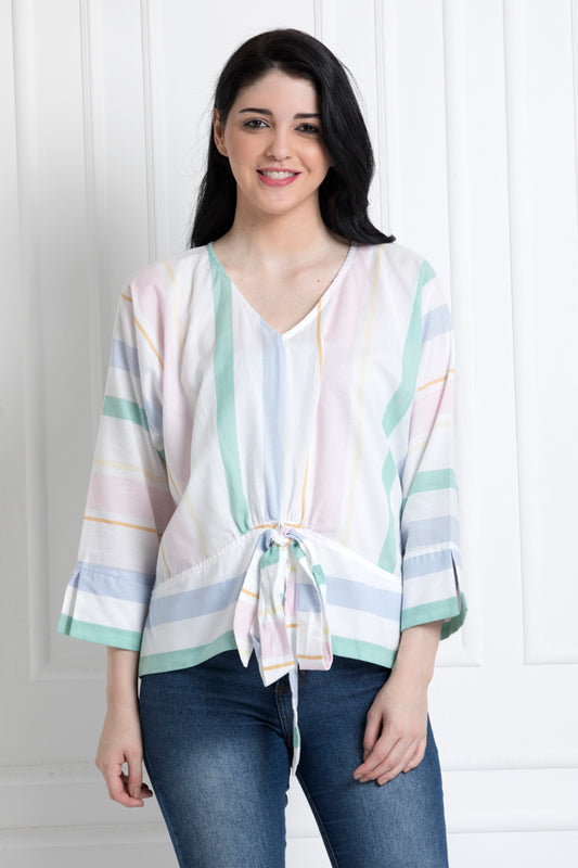 V-Neck Multi Stripe Front Knot Top