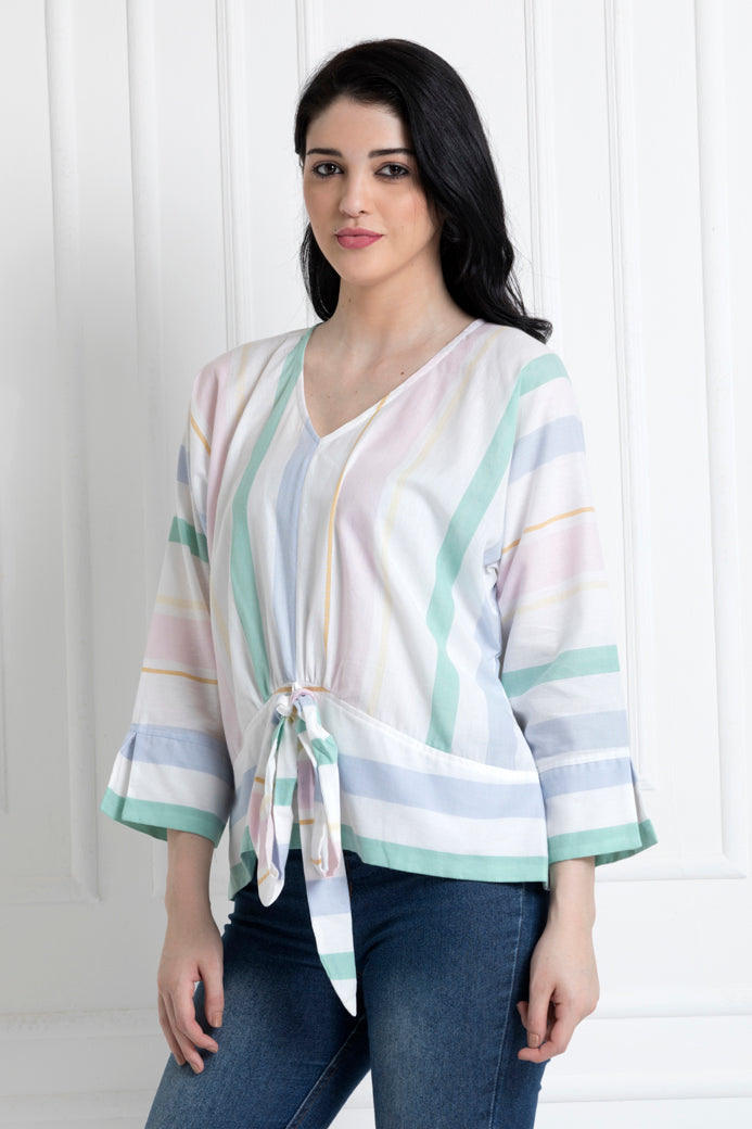 V-Neck Multi Stripe Front Knot Top
