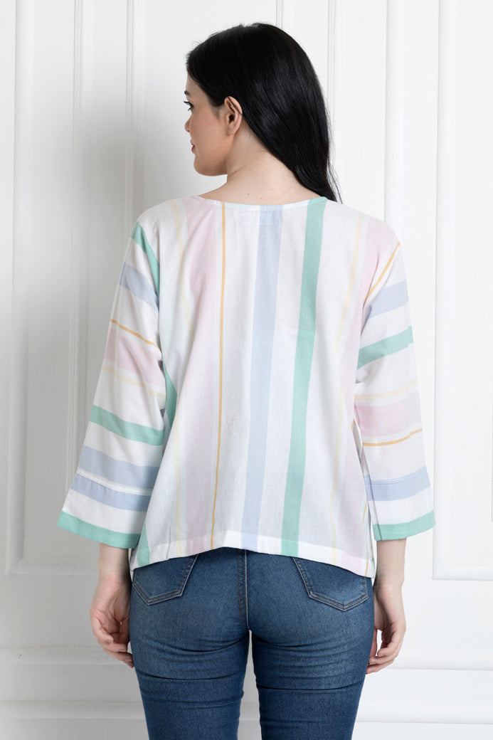 V-Neck Multi Stripe Front Knot Top