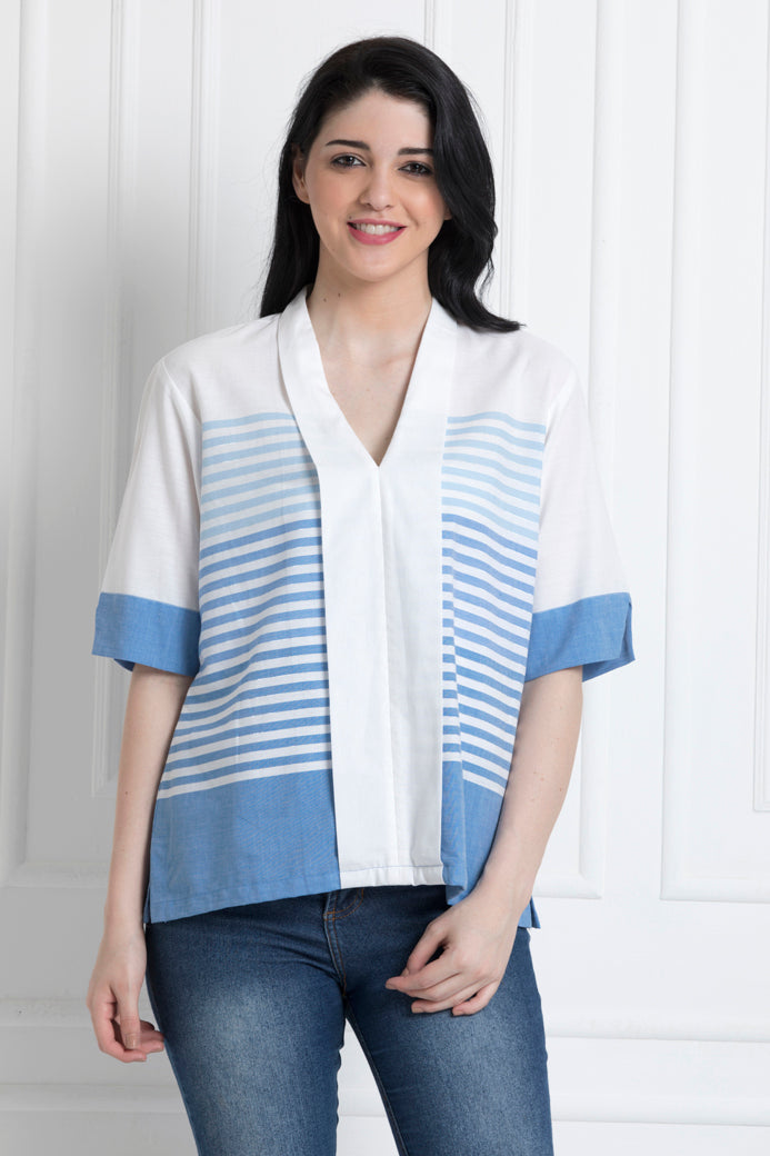 V-Neck White Front panel Stripe Top in Soft organic Cotton