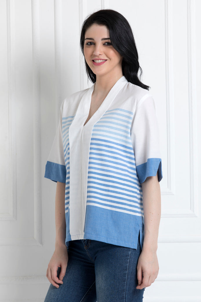 V-Neck White Front panel Stripe Top in Soft organic Cotton