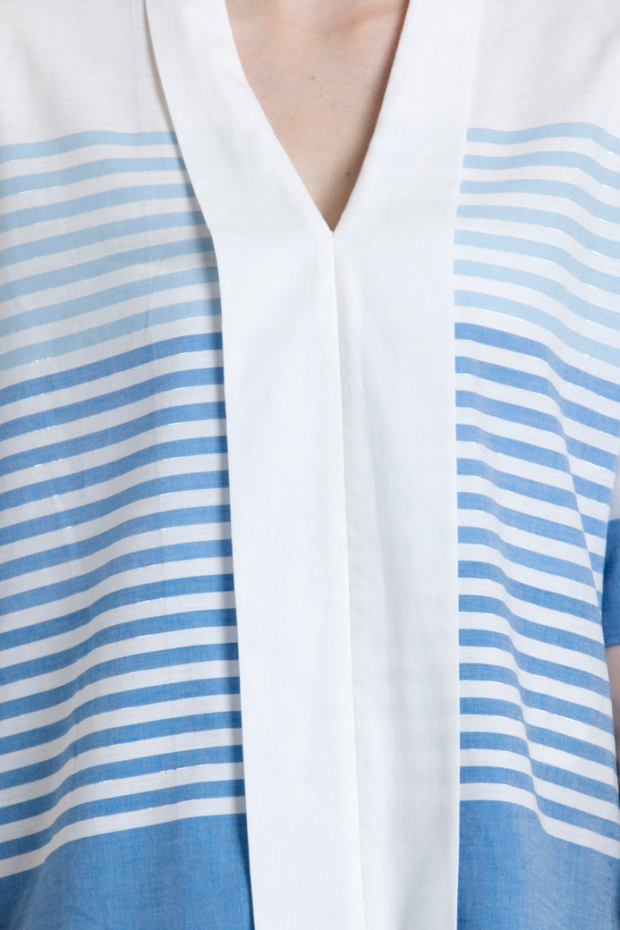 V-Neck White Front panel Stripe Top in Soft organic Cotton