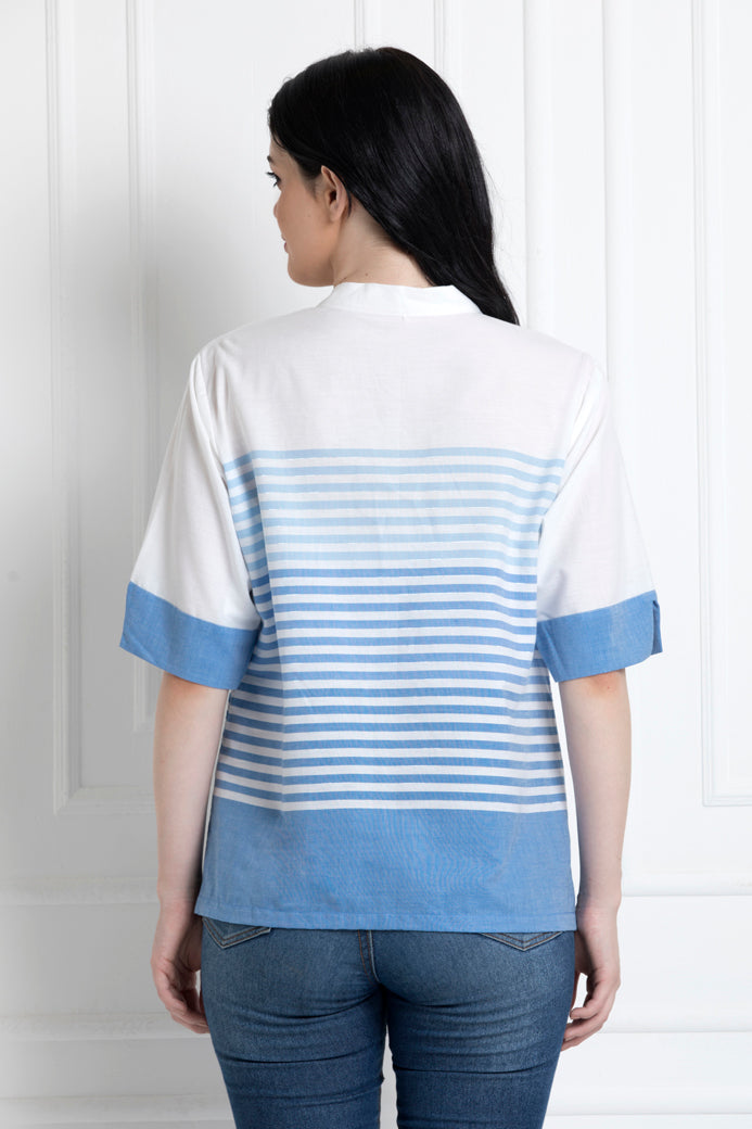 V-Neck White Front panel Stripe Top in Soft organic Cotton