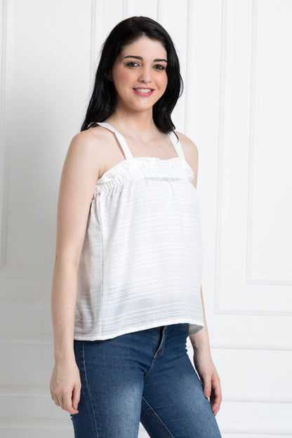 Elasticated Chest Spaghetti Style Top In Self Design Cotton Fabric