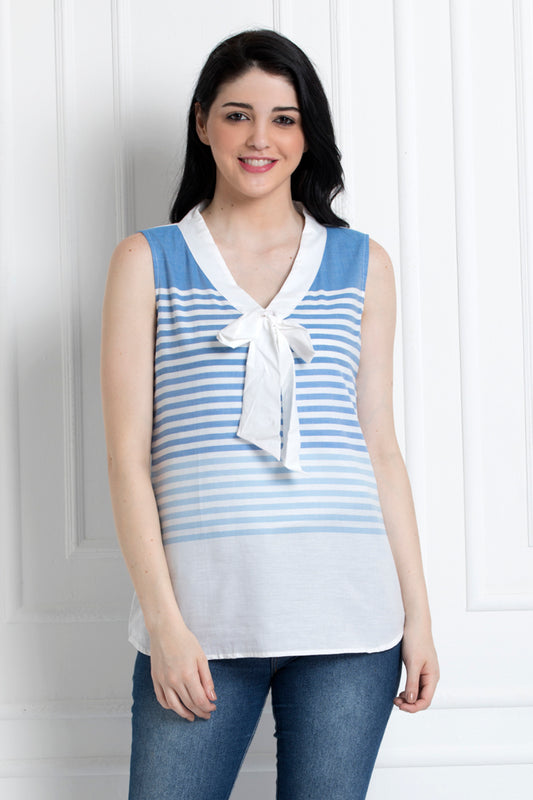 Sleeveless Striped Top With Pussy Bow In Soft Organic Cotton
