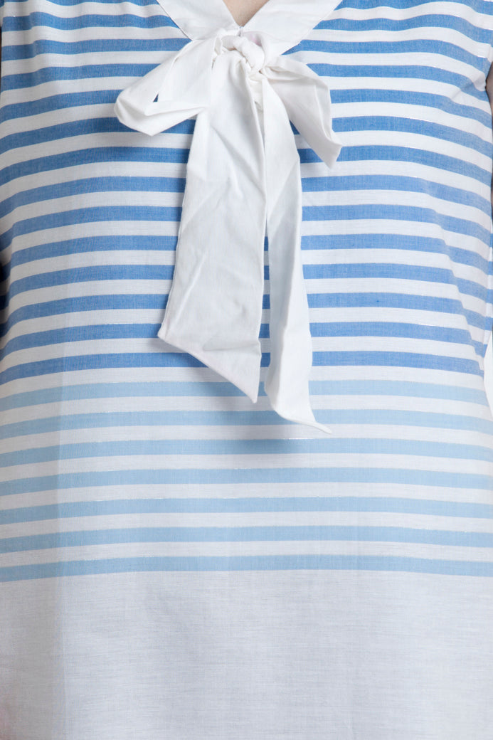 Sleeveless Striped Top With Pussy Bow In Soft Organic Cotton