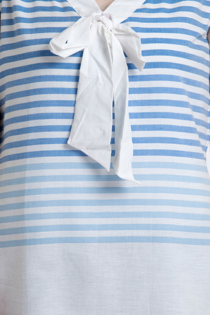Sleeveless Striped Top With Pussy Bow In Soft Organic Cotton