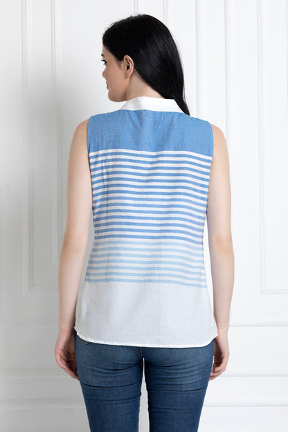 Sleeveless Striped Top With Pussy Bow In Soft Organic Cotton