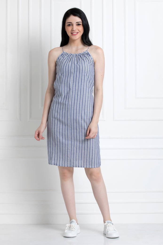 Spaghetti Style Striped Knee Length Dress in Soft Cotton