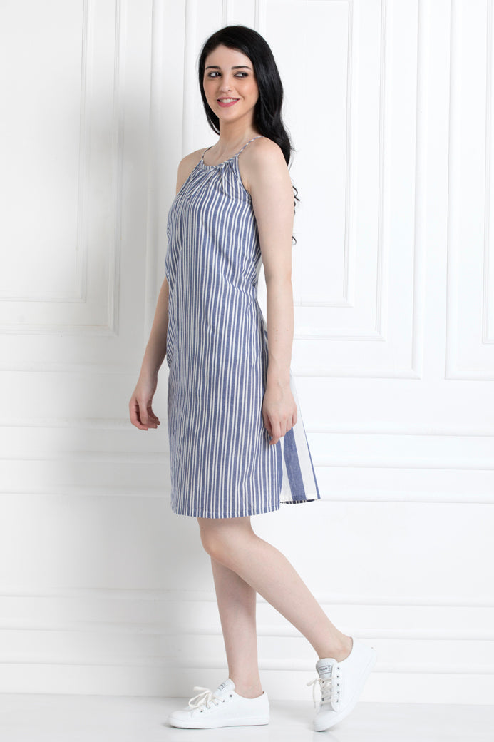 Spaghetti Style Striped Knee Length Dress in Soft Cotton