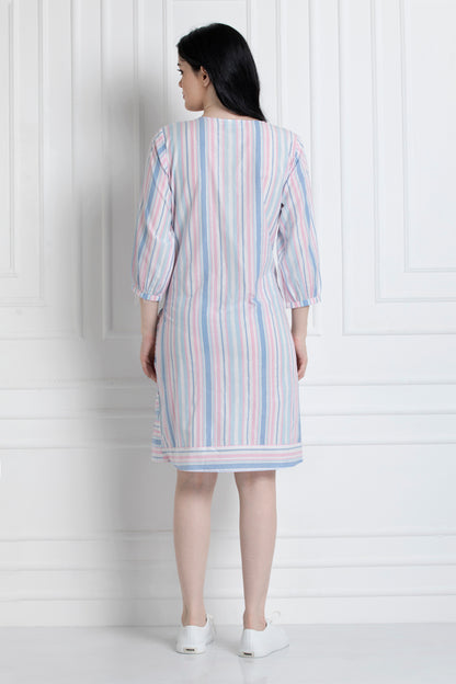 Round Neck, High Low Gathered Ruffle Hem Dress