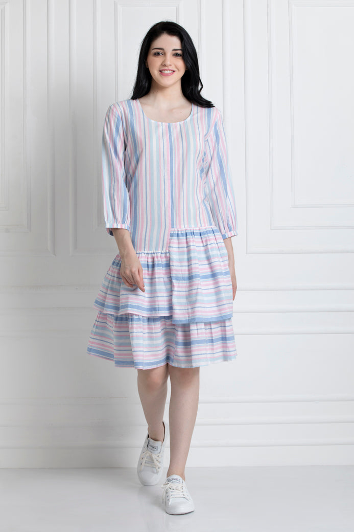 Round Neck, High Low Gathered Ruffle Hem Dress