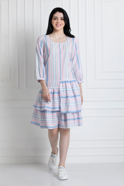 Round Neck, High Low Gathered Ruffle Hem Dress