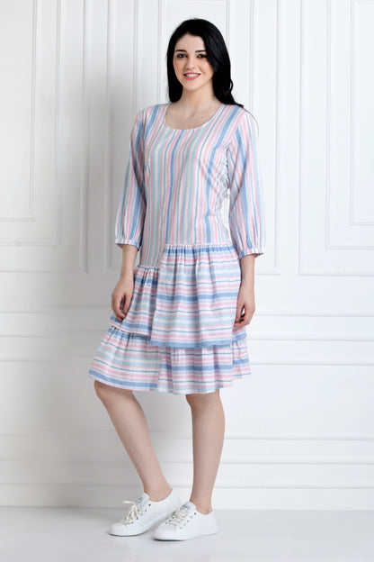 Round Neck, High Low Gathered Ruffle Hem Dress