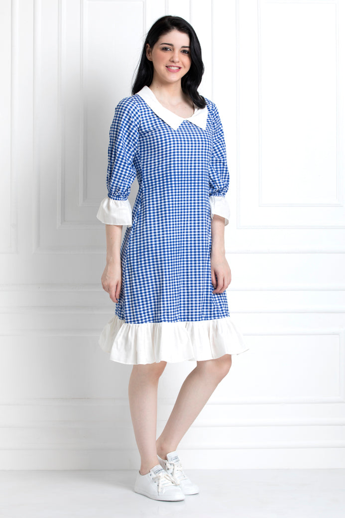 Chequered Knee Length Dress with Down Ruffle Hem