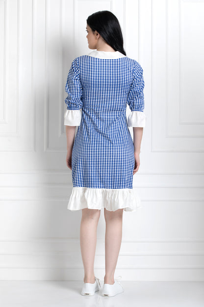 Chequered Knee Length Dress with Down Ruffle Hem