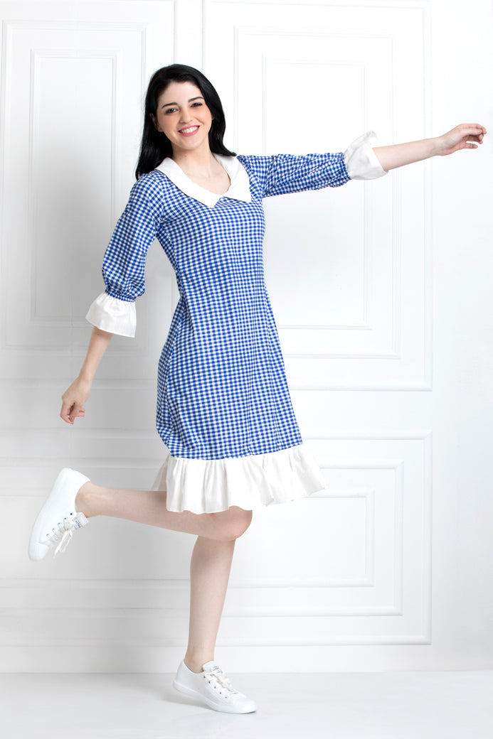 Chequered Knee Length Dress with Down Ruffle Hem