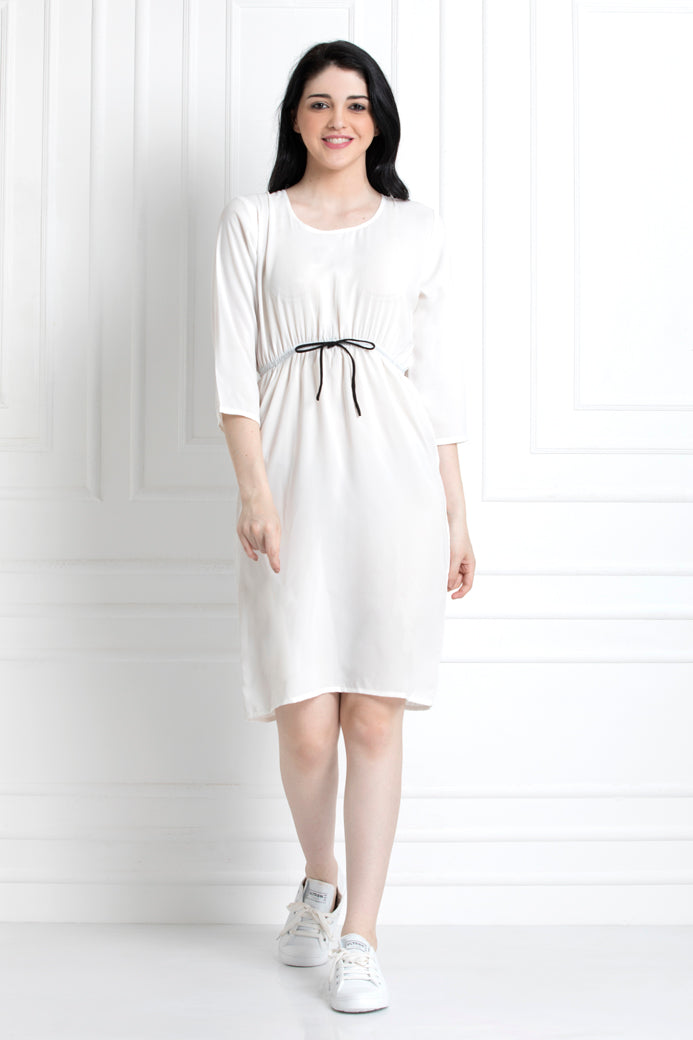 Round Neck cinched waist Dress in 100% Cotton