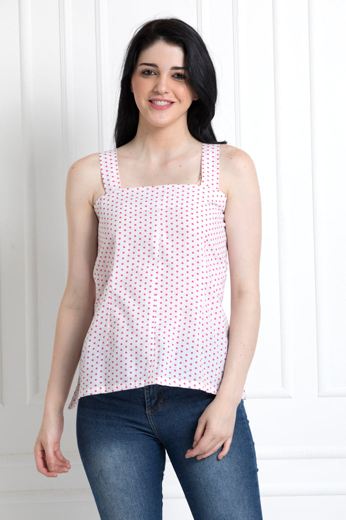 Spaghetti Style Polka-Dot Side Ruffle Top