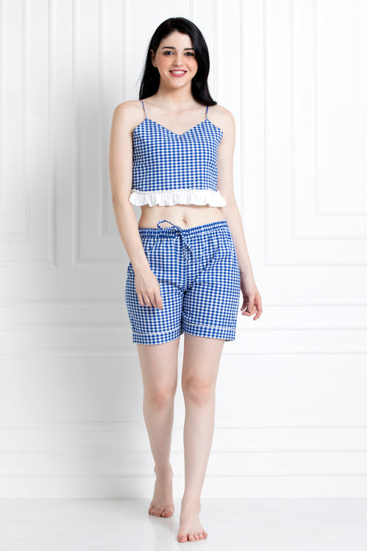 Checkered Print Spaghetti Top With Ruffle Hem And Chekered Shorts