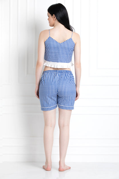 Checkered Print Spaghetti Top With Ruffle Hem And Chekered Shorts