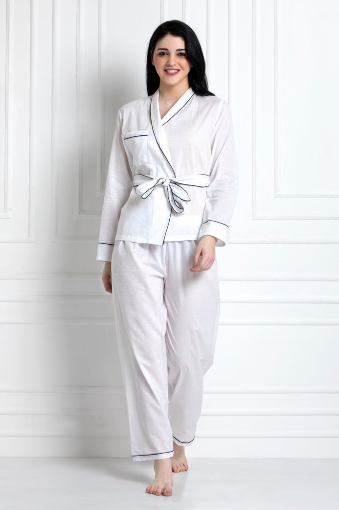 Full Sleeves Wrap Top With Belt & Pyjamas