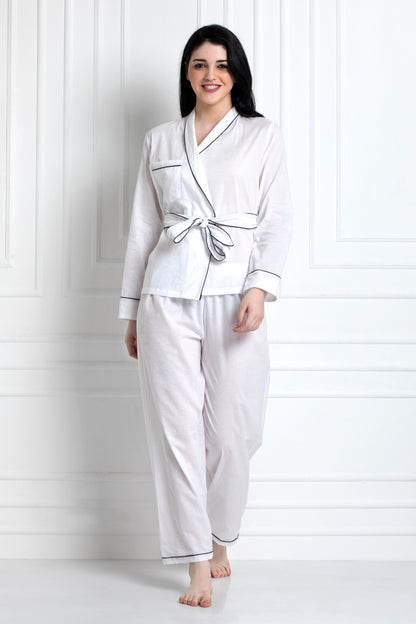 Full Sleeves Wrap Top With Belt & Pyjamas