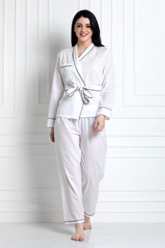 Full Sleeves Wrap Top With Belt & Pyjamas