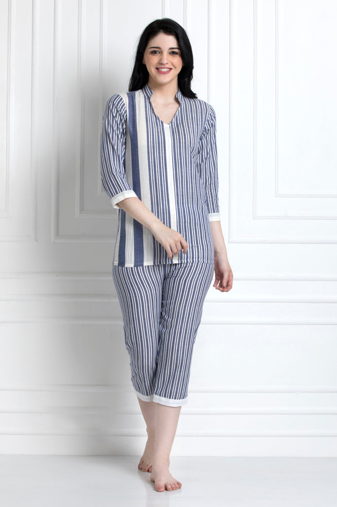 Stand Collar, V-Neck Shirt With Pyjamas. Made in Sustainable Cotton