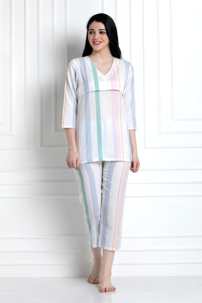 V-Neck, Striped Top With Pyjamas. For That Super Cool Feel