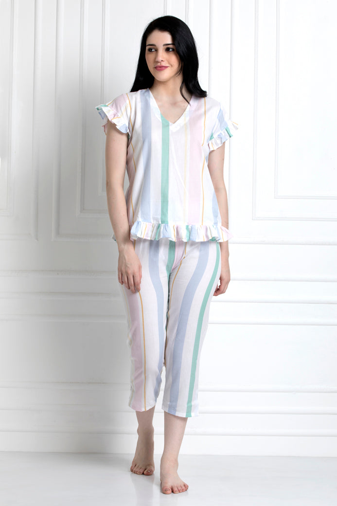 V-Neck Top With Down Ruffle Hem & Pyjamas