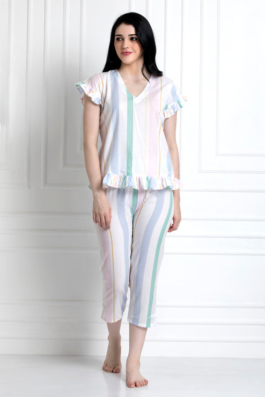 V-Neck Top With Down Ruffle Hem & Pyjamas