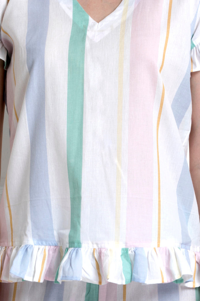V-Neck Top With Down Ruffle Hem & Pyjamas