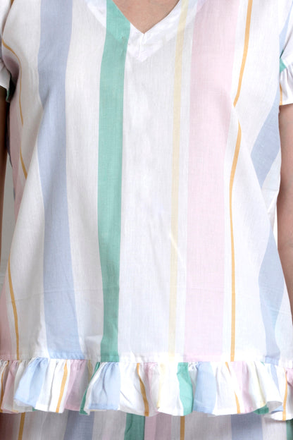 V-Neck Top With Down Ruffle Hem & Pyjamas