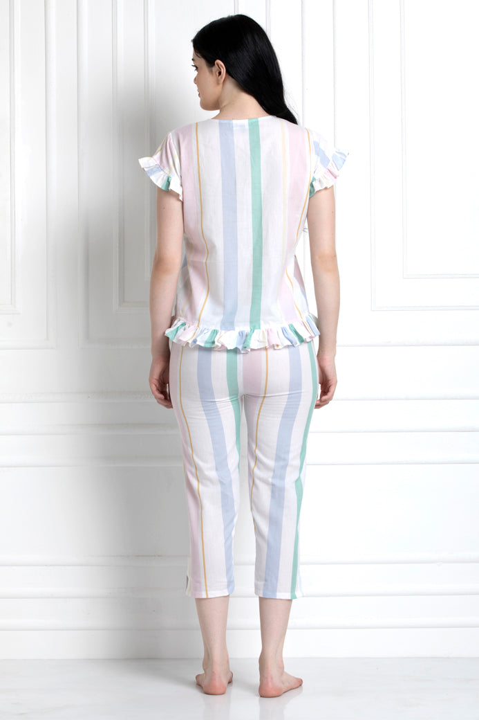 V-Neck Top With Down Ruffle Hem & Pyjamas