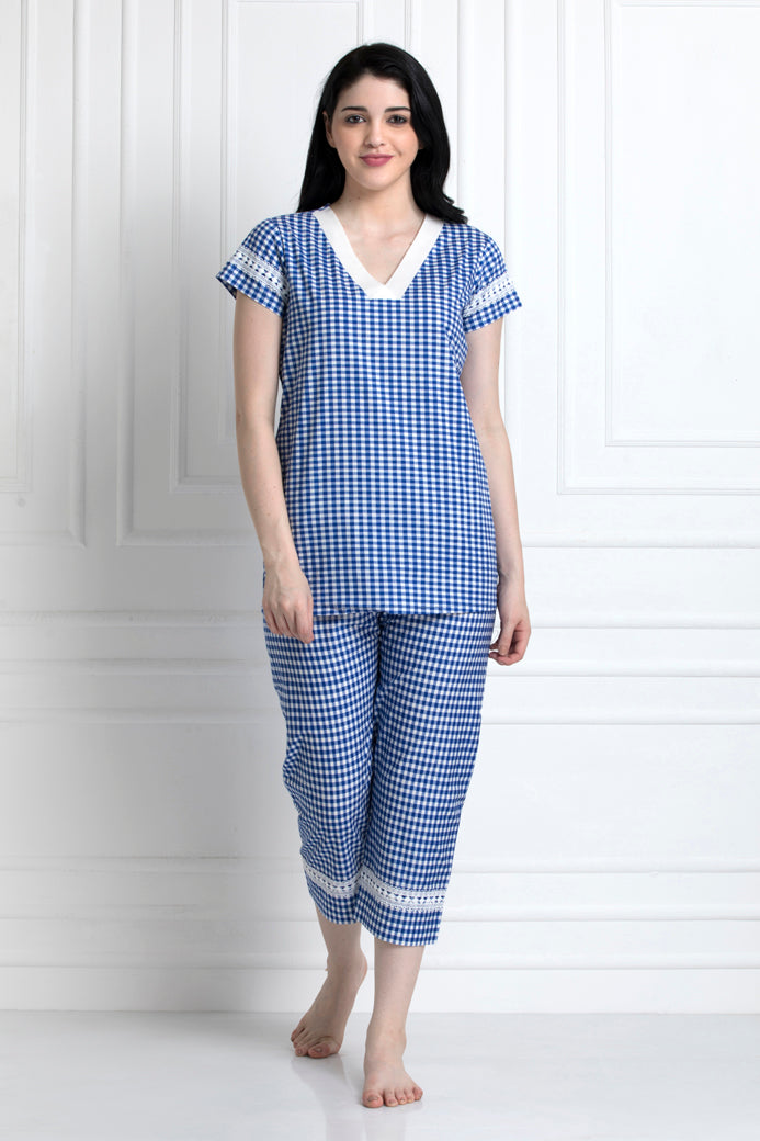 Check Top & Pyjamas With Lace Trim. Super Stylish Yet Relaxed