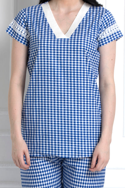 Check Top & Pyjamas With Lace Trim. Super Stylish Yet Relaxed