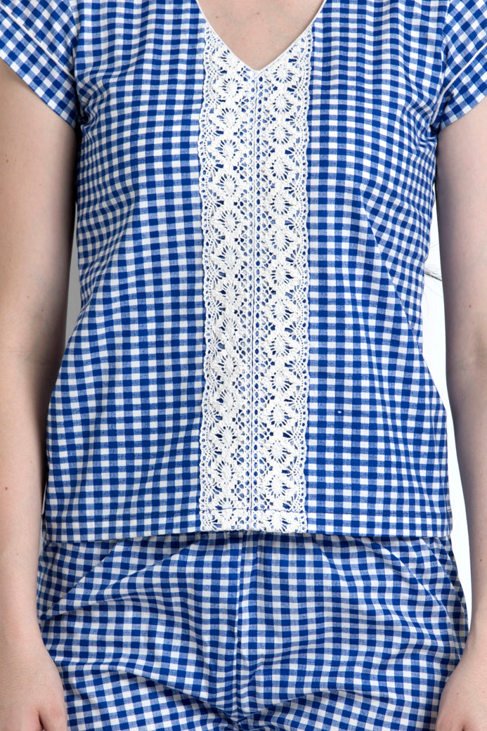 Check Top With Lace Trim Panel In The Front & Check Shorts
