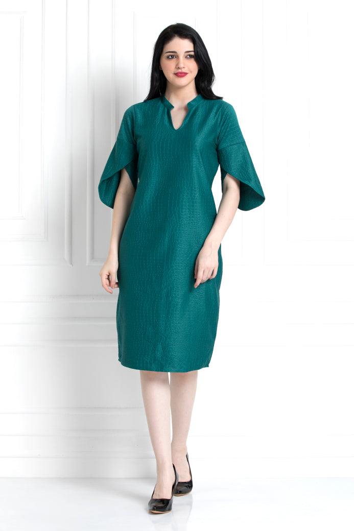 Self Textured Emerald Green Dress With Petal Sleeves