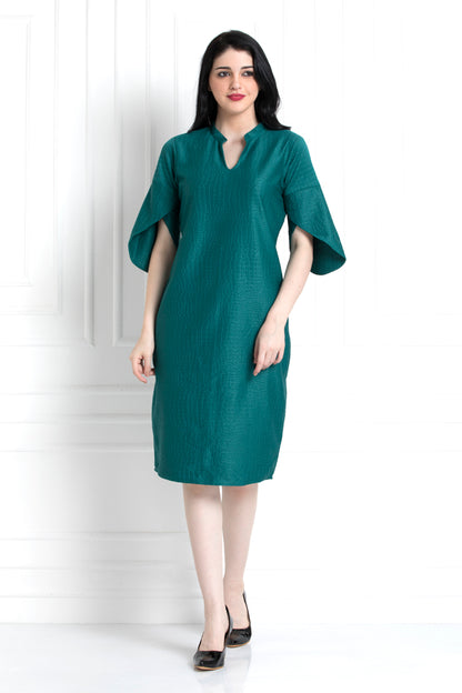 Self Textured Emerald Green Dress With Petal Sleeves