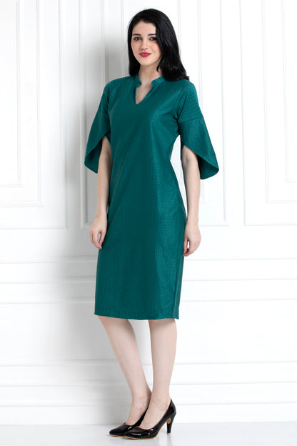 Self Textured Emerald Green Dress With Petal Sleeves