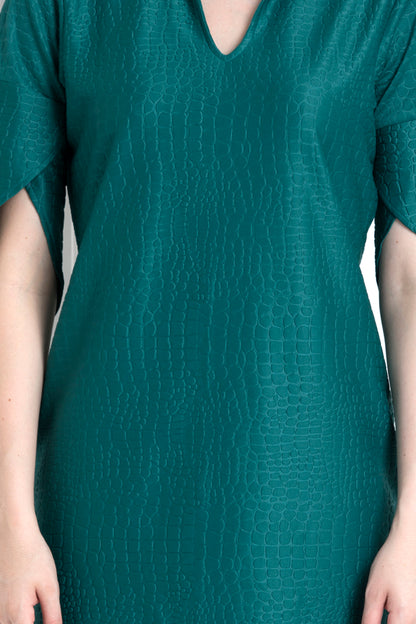 Self Textured Emerald Green Dress With Petal Sleeves