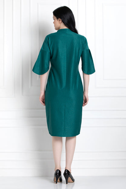 Self Textured Emerald Green Dress With Petal Sleeves