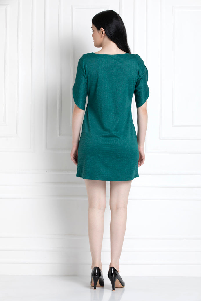 Emerald Green Petal Sleeves Dress With Key Hole Neck