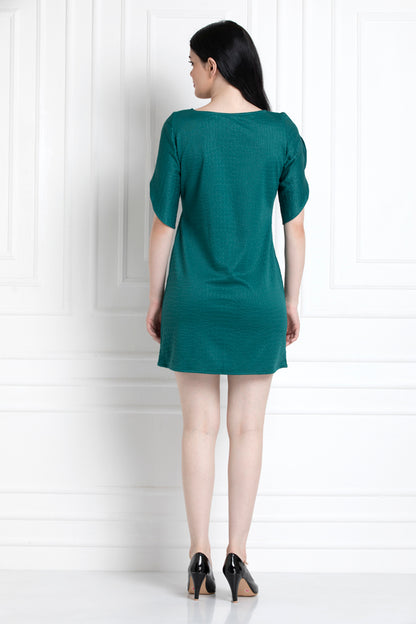 Emerald Green Petal Sleeves Dress With Key Hole Neck